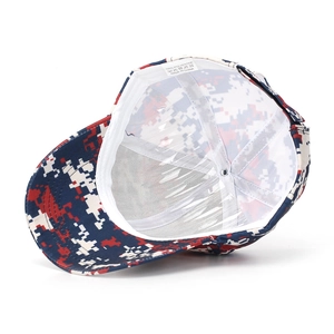 Detail view of the digital camo baseball cap interior showing white lining and washing label