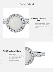 Macro detail of S925 sterling silver ring featuring a round opal stone with S925 stamp