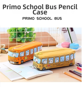 Detail showing orange and yellow canvas school bus pencil cases with cute cat patterns
