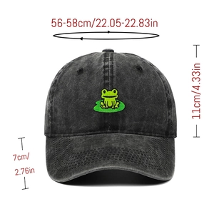 Detail of frog embroidery on washed charcoal denim baseball cap showing size measurements