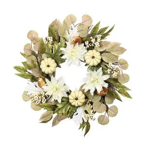 Autumn floral wreath with white dahlias cream pumpkins and golden pears for home door decor