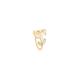 Minimalist gold leaf open ring featuring elegant white enamel leaf details for women