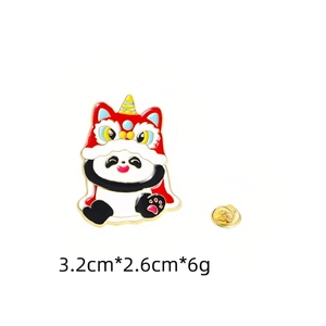 Detail view of cartoon panda enamel pin wearing lion dance hat with 3.2cm size specs