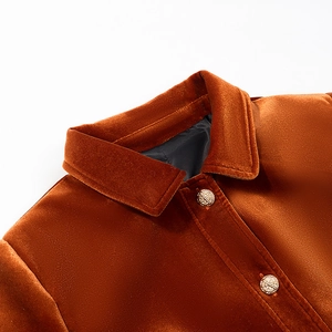 Fashionable caramel velvet jacket with lapel collar and textured metal buttons
