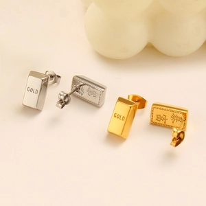 Square 18K gold-plated stainless steel stud earrings with GOLD and lucky characters