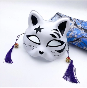 Japanese style fox cat half face mask with purple tassels and bells for Halloween party