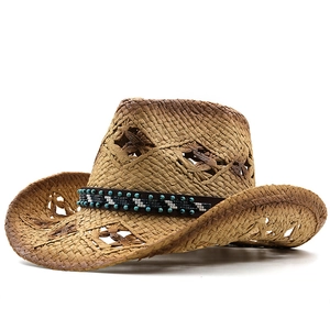 Chapeau de paille rétro cowboy avec motif floral ajouré et bande perlée ethnique