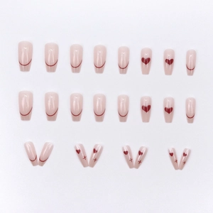 French style red heart ballet press-on nails with minimalist nude pink trapezoid design