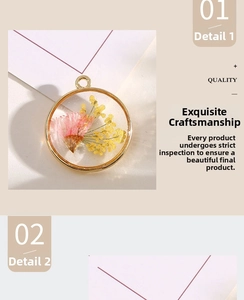 Detailed macro view of a round resin pendant with dried flowers and gold metal frame
