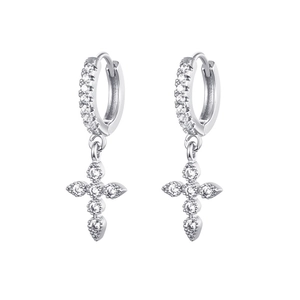 Sparkling silver cross hoop earrings with pave cubic zirconia on white background