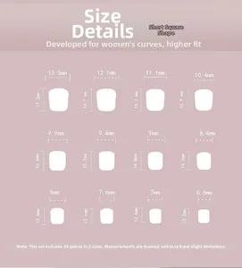 Size chart showing width and height for short square press-on nails in 12 various sizes