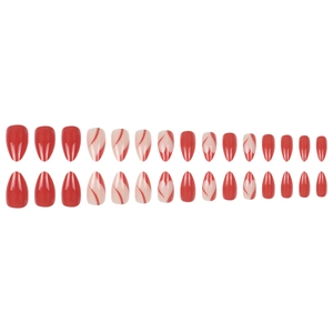 Red almond press-on nails with white heart and swirl patterns on white background