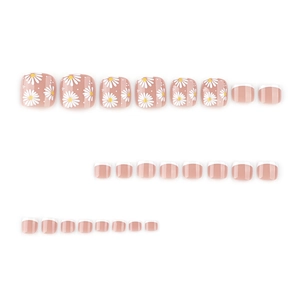 Daisy flower press-on toenails with white French tips on soft pink base set of 24