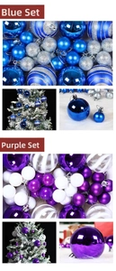 Dettaglio di palline di Natale blu e viola con finiture glitterate, opache e lucide
