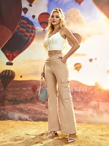 Women Cargo Pants High Waist Wide Leg Multi Pocket Polyester Streetwear Casual Khaki Baggy Trousers For Spring