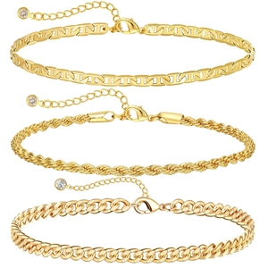 Three-piece gold stackable bracelet set including hollow, twist, and Cuban chain styles