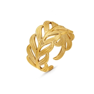 Adjustable hollow leaf open ring in gold plated finish with brushed metal texture