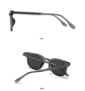 Detailed side and back view of round polarized sunglasses with grey acetate frames