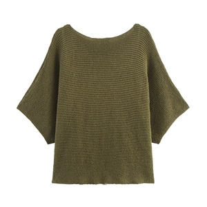 Army green knit sweater featuring lace splicing and relaxed batwing sleeves on white background