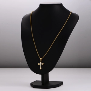 Punk style stainless steel necklace featuring a dual-layer gold and silver cross pendant