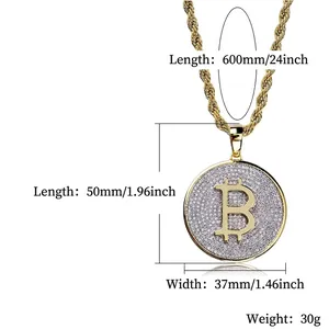 Gold-plated Bitcoin pendant necklace with white zircon inlays and detailed measurements