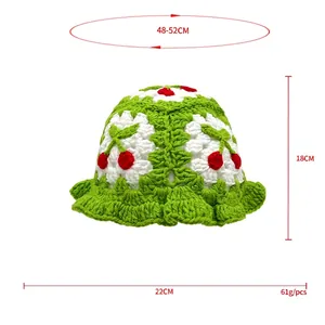 Handmade crochet kids bucket hat with cherry patterns and size measurements in 48-52cm