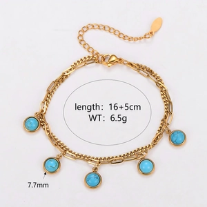 Golden double layer chain bracelet with five turquoise pendants and adjustable clasp