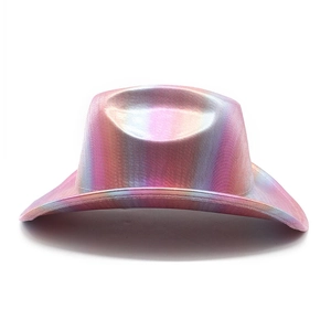 Detail of the holographic gradient cowboy hat showing iridescent metallic coating texture