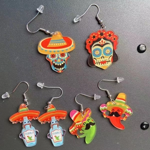 Mexican Fiesta earrings set featuring acrylic skull, tequila bottle, cactus and chili charms