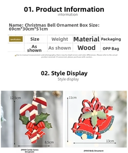 Detail of wooden Christmas pendants showing cane and bell designs with size dimensions