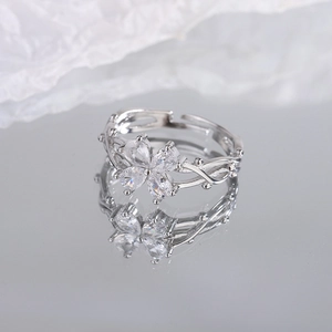 Adjustable Flower Open Ring Copper Clear Zircon Inlay Forest Vine Style Elegant Jewelry Gift For Women