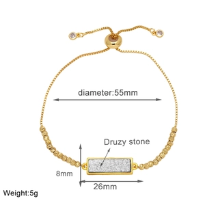 Detailed size parameters of 18k gold plated bracelet with a gray rectangle Druzy stone