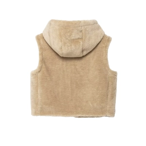 Minimalist hooded faux fur vest in khaki, featuring a plush back view on a white background
