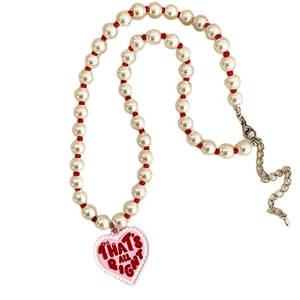 Retro beaded pearl necklace with red beads and pink heart pendant featuring That's All Right