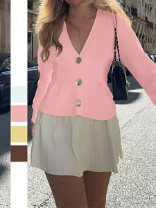 Women V Neck Knitted Cardigan Viscose Blend Large Button Long Sleeve Slim Fit Elegant Solid Color Sweater