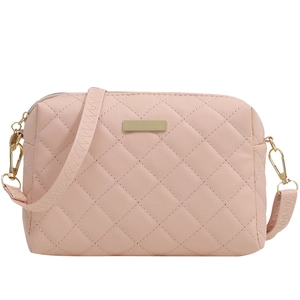 Pink quilted faux leather crossbody bag with gold hardware and stylish strap
