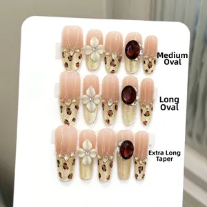 Handmade Luxury Amber Leopard Print Press On Nails With 3D Relief Flowers Cat Eye Glitter Coffin Oval Fake Nails For Women