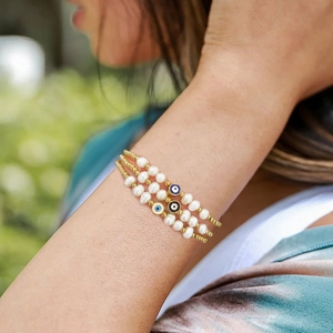 Baroque freshwater pearl and 18K gold-plated evil eye beaded bracelet stack for women