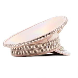 Sparkling pink holographic captain hat with rhinestones and pearls for party wear