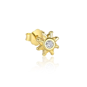 Detailed view of gold S925 sterling silver stud earring with sunburst motif and zircon