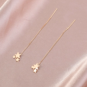 Close-up of star-shaped copper threader earrings with zircon on silk fabric