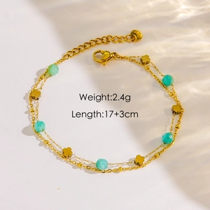 Bracciale a doppio strato in acciaio inossidabile 14K con quadrifoglio e perla