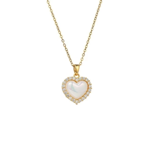 Golden titanium steel heart necklace with opal-style stone and sparkling crystal pave