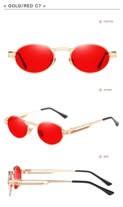 Steampunk sunglasses with gold metal frame, red lenses and spring hinge details in three views