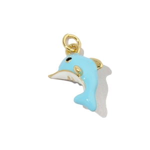 Detail view of a light blue and white enamel dolphin charm with a polished gold finish