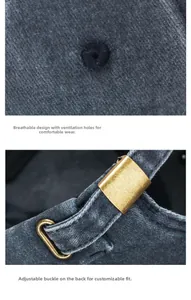 Close-up of grey washed cotton docker hat with breathable eyelets and metal buckle