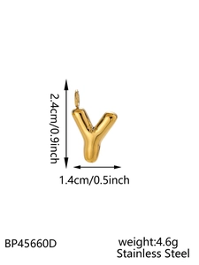 Detailed size specifications for the golden bubble letter Y necklace pendant in stainless steel