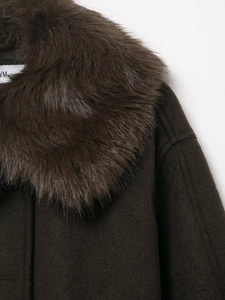 Close-up of fluffy faux fur collar and textured wool fabric on a dark brown jacket