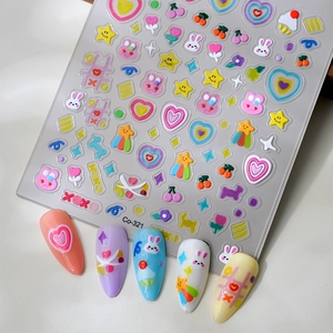 5D Embossed Nail Art Stickers Waterproof DIY Manicure Cute Cartoon Bunny Heart Star Jelly Candy Colors Women Girls