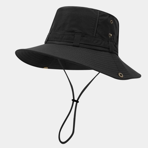 Detail of outdoor sun hat featuring metal vents, snap buttons and adjustable wind cord